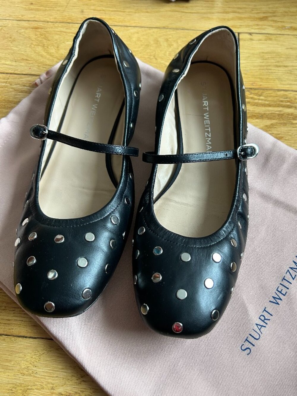 Stuart Weitzman Claris Black Studded Ballet Flat Mary Jane Shoes Size10B